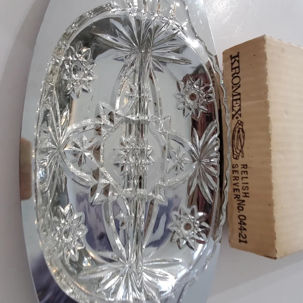 VTG Kromex Relish Server #044-21 Tray w/Glass Insert In Original Box MCM 60s EUC